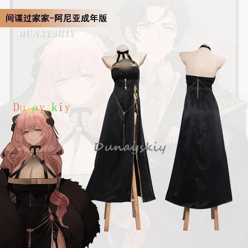 Adult Anya Forger Cosplay Costume Black Dress Full Set Pink Wig Halloween Christmas Coser Women Party Clothes