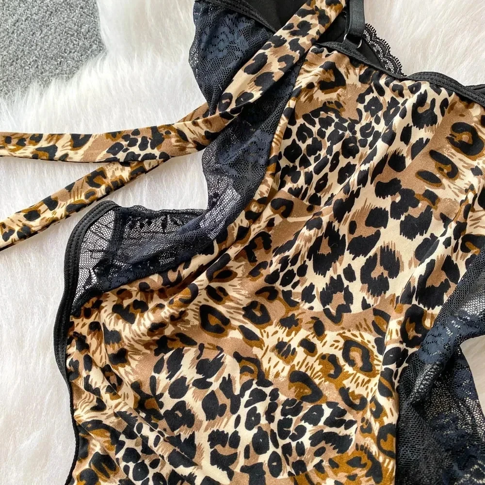 Women Hotsweet V-neck Leopard Slim Vintage Straps Bodysuits Chic Lace Slim Jumpsuits Comfortable Fashion Underwear view 5