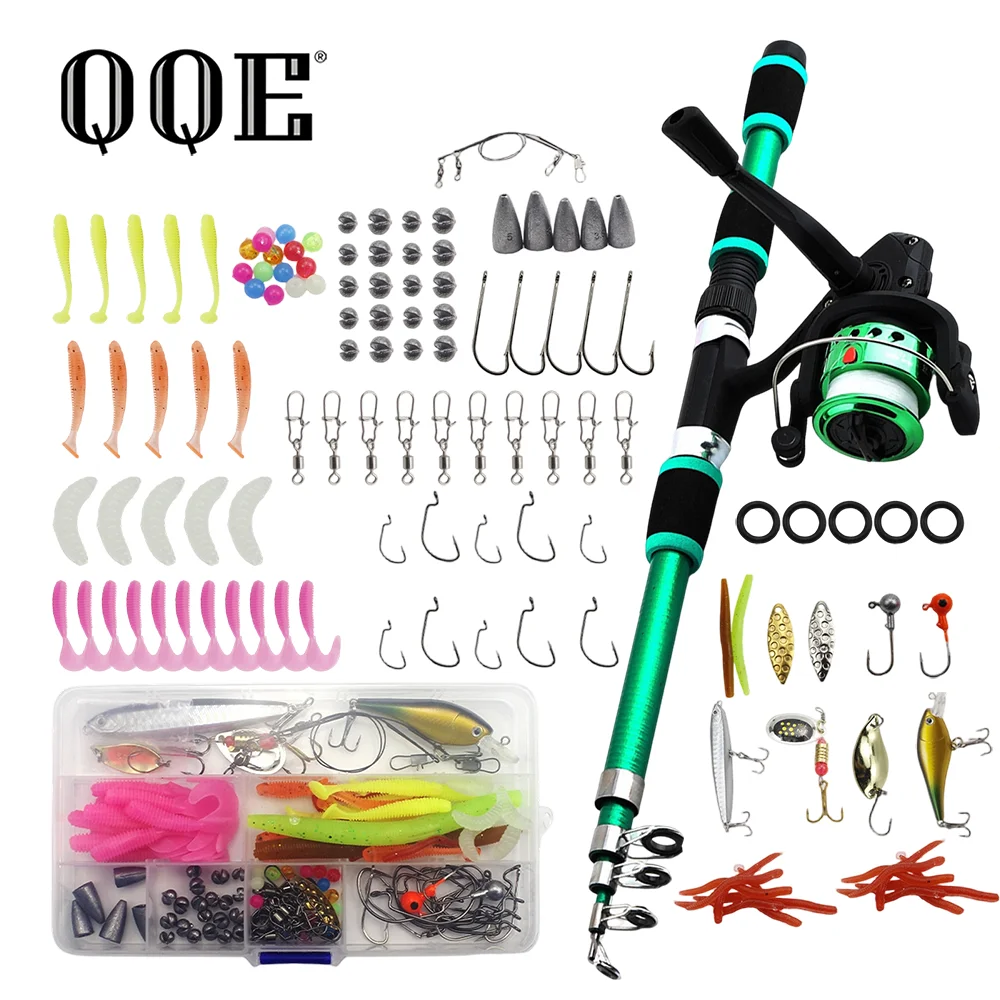 QQE Hot 1.8Meters Lightweight Telescopic Fishing Rod Set Spinning Reel Baits Hooks Portable Travel Outdoor Angling Pole Kit
