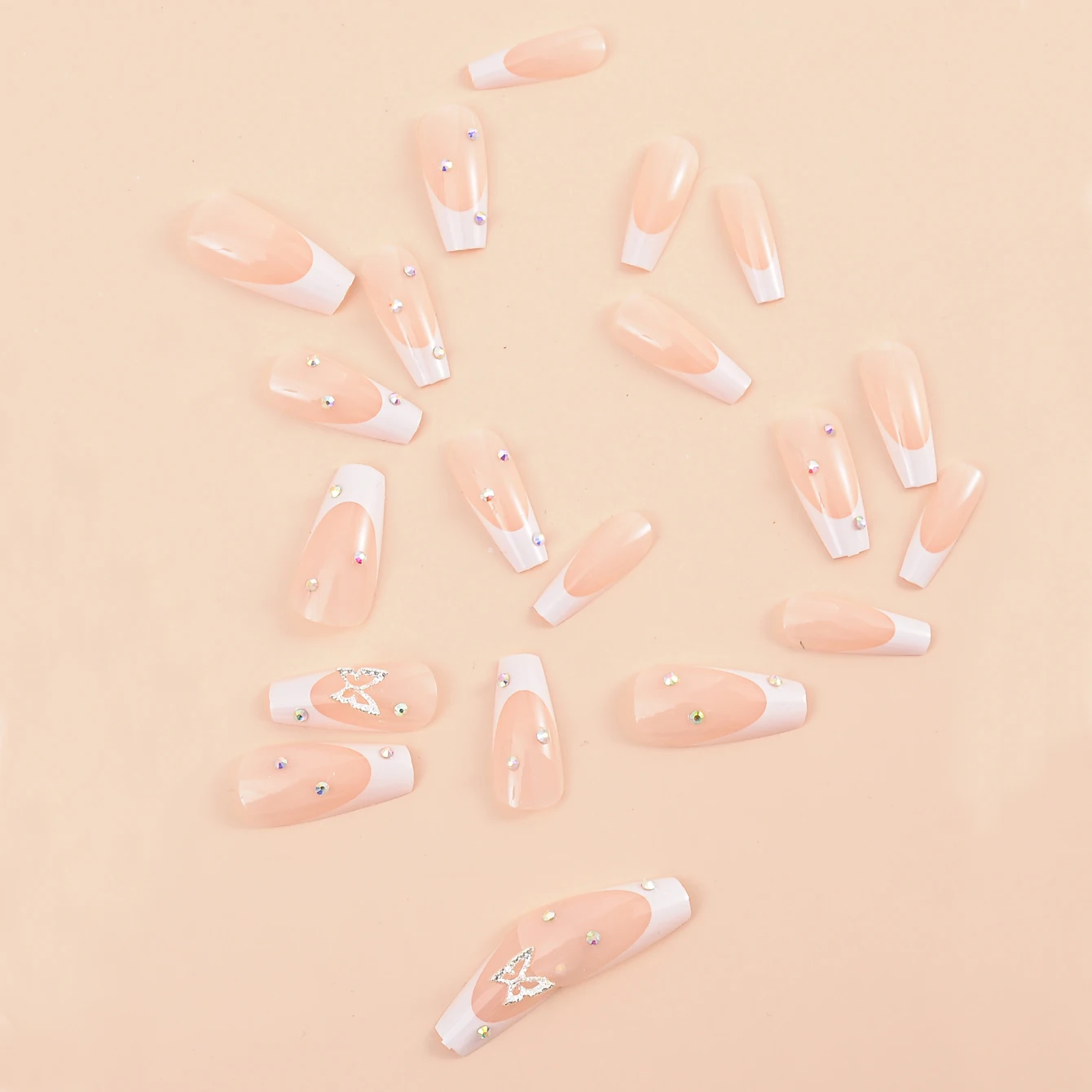 24 piezas/úñas postizas francesas con forma de ataúd, mejora instantáneamente tu apariencia, adorno de lazo, incrustaciones de diamantes de imitación, elegancia exquisita, s