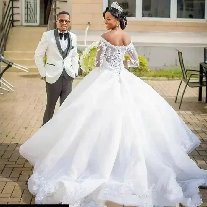Customized African Wedding Dresses Ball Gown Off the shoulder Long Sleeves Lace Reception Dress