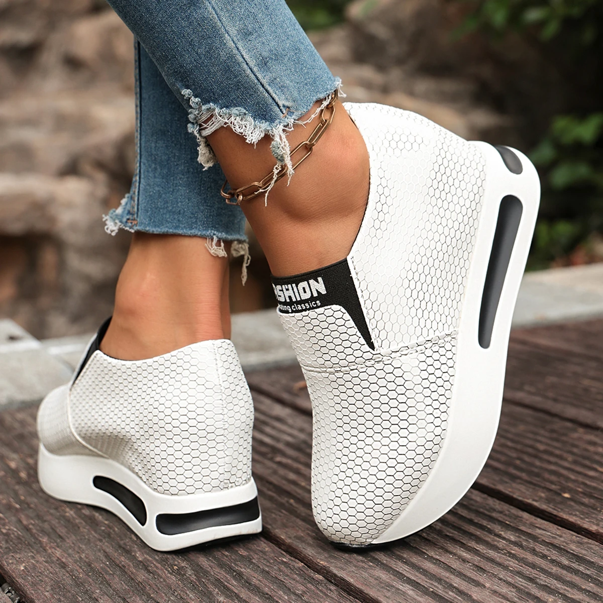 Damen-Sneaker mit verstecktem Absatz zur Erhöhung der Körpergröße, atmungsaktives Mesh, Slip-On-Plattform, lässige Alltagsschuhe zum Gehen. – Detail 15