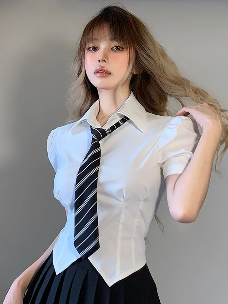 Jmprs Jk White Women Shirt Sexy Puff Sleeve Crop Top Tunic Summer Irregular Preppy Style Student Tops School Fashion Tie Shirts