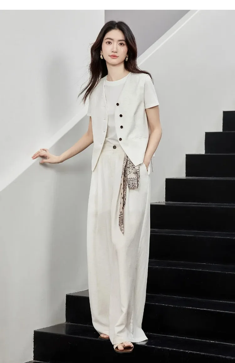 SENTUBILA Office 2 Piece Pant Set 2026 Women Linen Blend Summer Suit V Neck Waistcoat Wide Leg Baggy Pant Print Scarf 162ZA5663Z