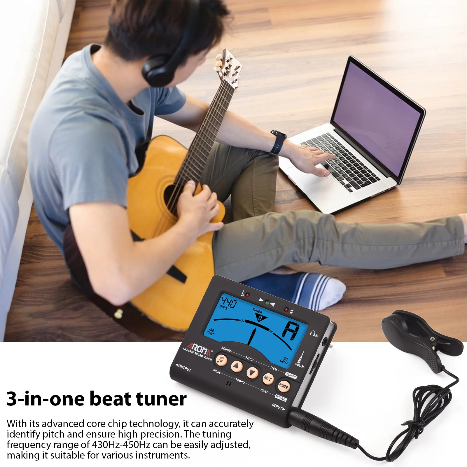 AROMA Guitar Tuner for Chromatic Guitar Bass Violin Ukulele Backlight LCD Screen Portable Guitar Tuner w 6.35mm Plug Pickup Clip