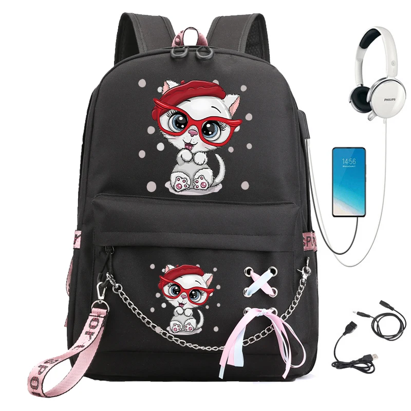 Saco de Escola Kawaii Impermeável para Estudantes Universitários, Mochila Trendy, Impressão de Gatinho Dos Desenhos Animados, Bagpacks de Viagem Anime, Bookbag USB, Meninas