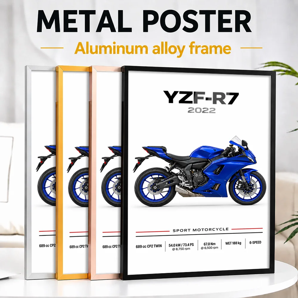 Japanese YZF-R7 Icon Blue Motorcycle Framed Metal Print Customized Dynamic Track Aesthetic Wall Art Gift For Riders In Workshop