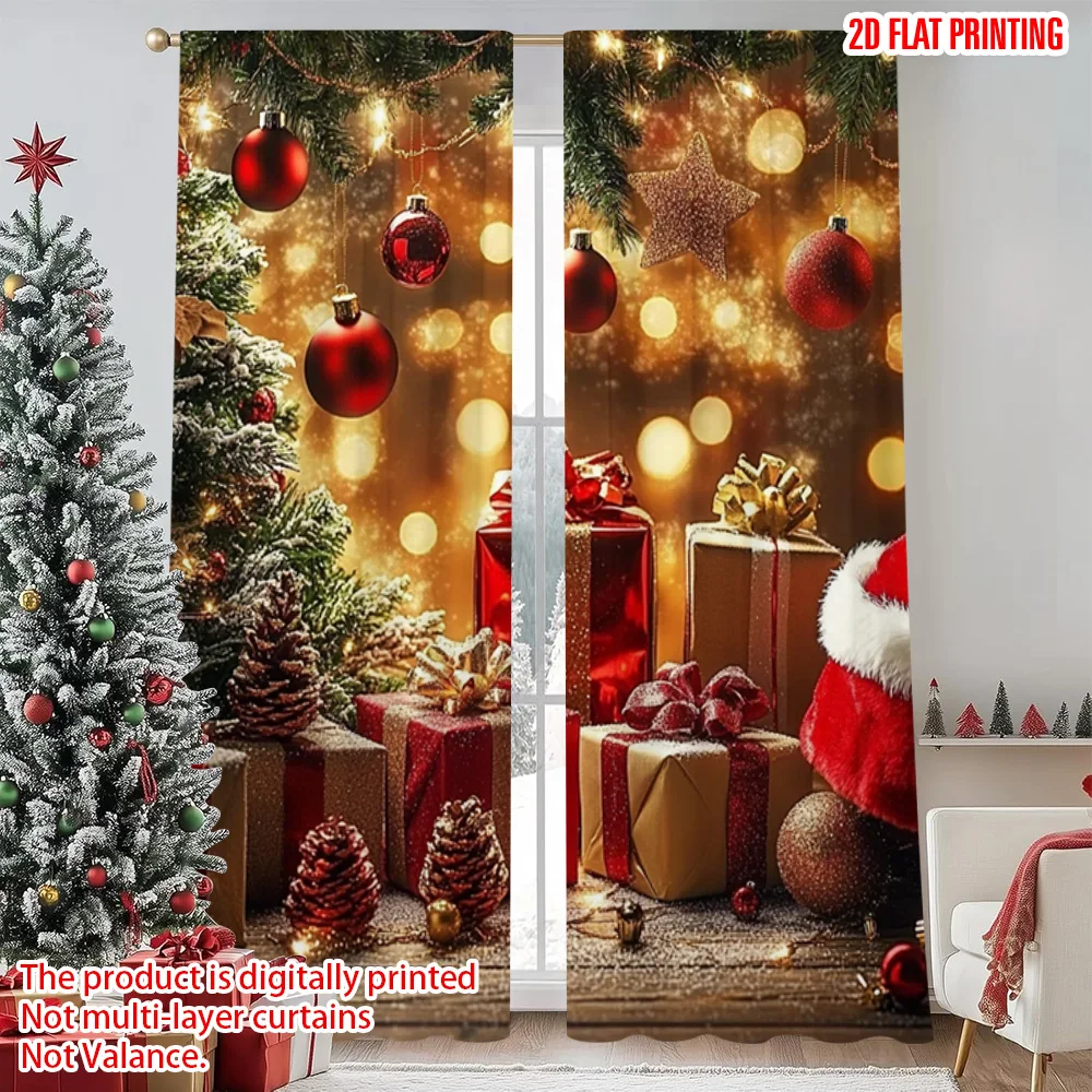 

2pcs 2D flat printing Merry Christmas Popular Curtain Christmas hat_ pine cone and gift pattern included Fabric Without