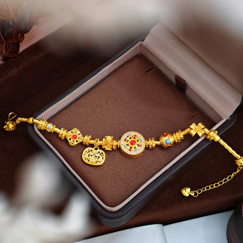 24k 9999 Gold Enamel Compass Real Gold Coiled Ring Bracelet New-style Chinese-style niche bracelets for girls