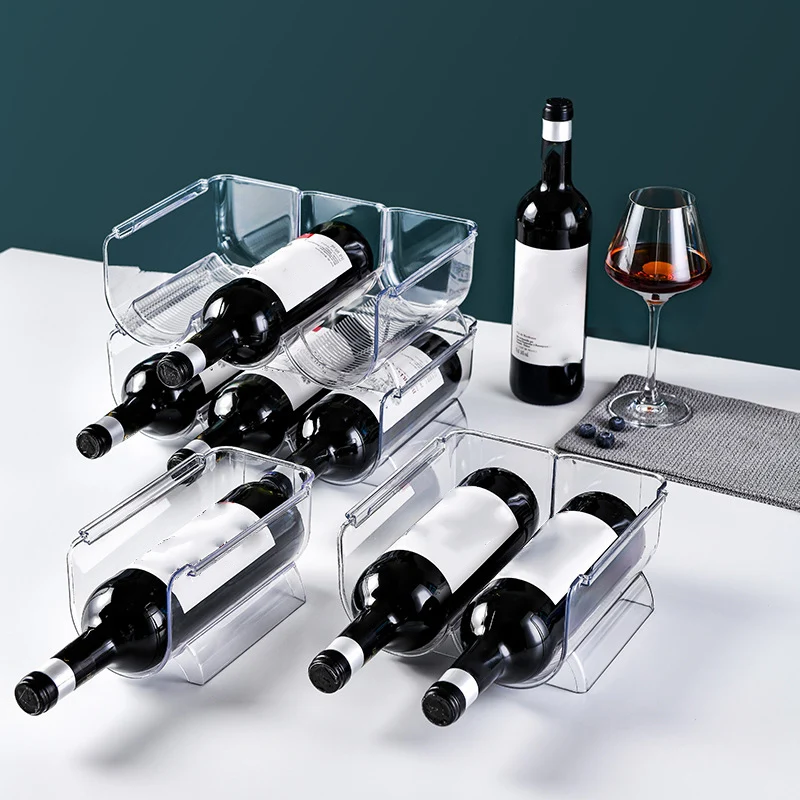 منظم رف زجاجات النبيذ البلاستيكي الشفاف القابل للتكديس يحمل 3 زجاجات في كل طبقة مثالي لعرض المنزل وثلاجة مخزن المطبخ