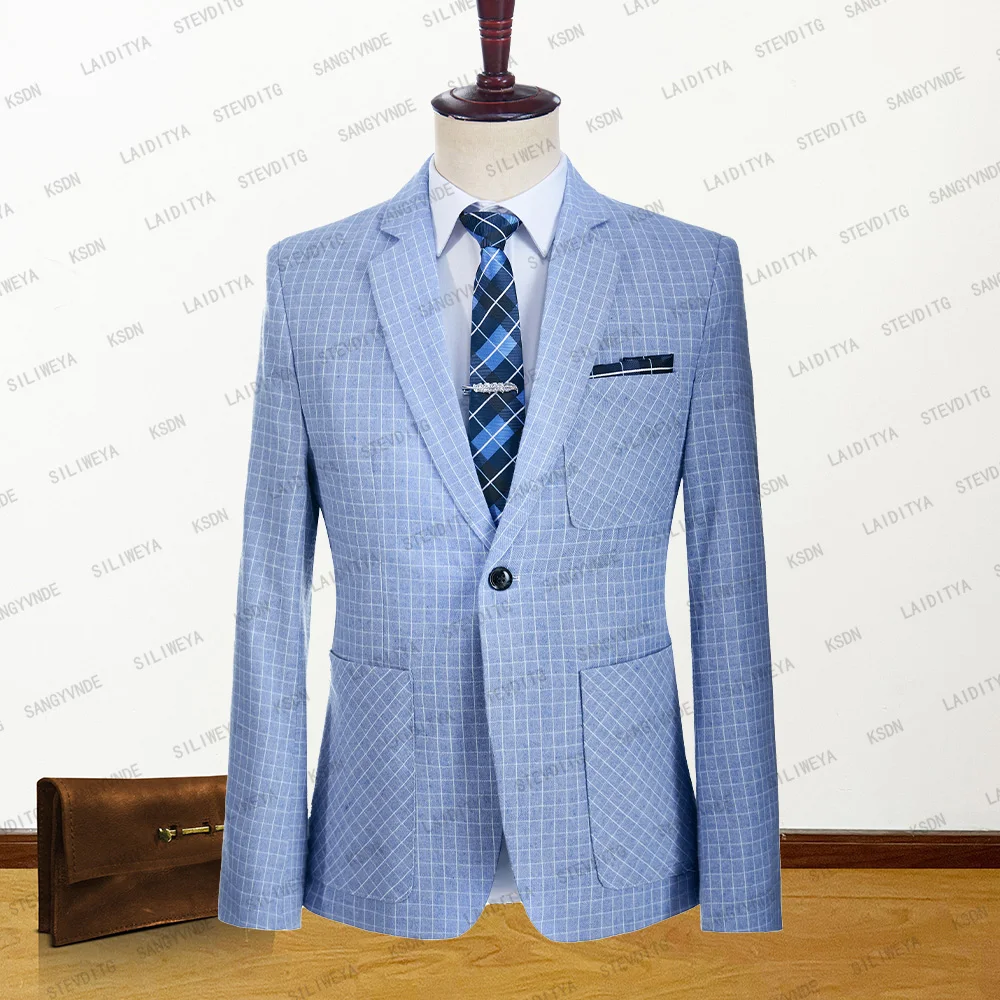 

2023 New Men Suit Tuxedo Summer Slim Fit Groom Blue White Reto Classic Plaid Linen Wedding Terno Masuclino Jacket Blazer Coat