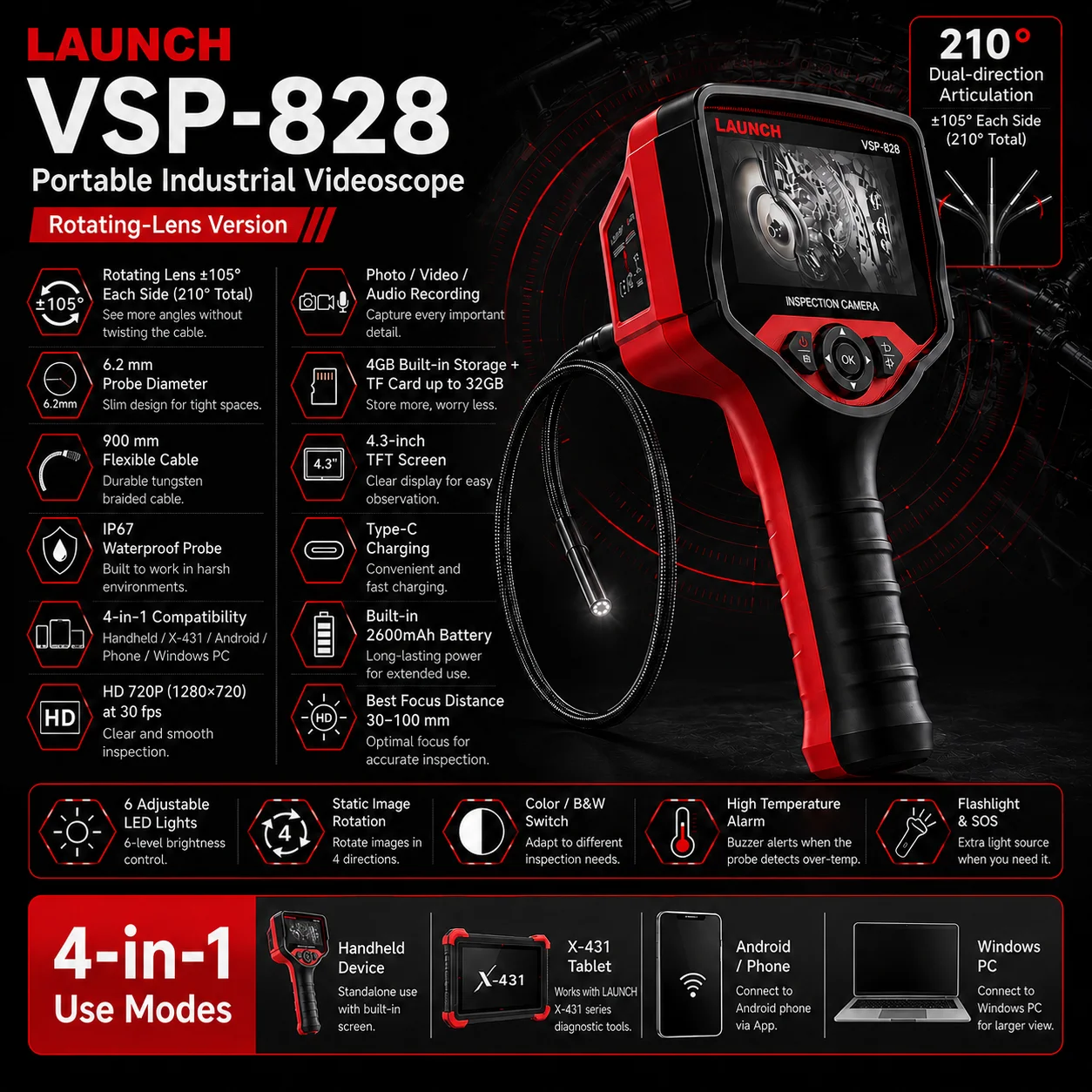 LAUNCH VSP828 Standard Version  Portable Industrial Endoscope Inspection Camera with 2600mAh Battery 4-Way Image Rotation