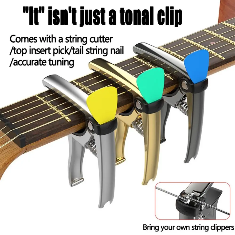 Adjustable Spring Tension 4 in1 Guitar Capo Zinc Alloy Pin Puller Design Guitar Tuning Clip with Silicone Pad with Pick Holder