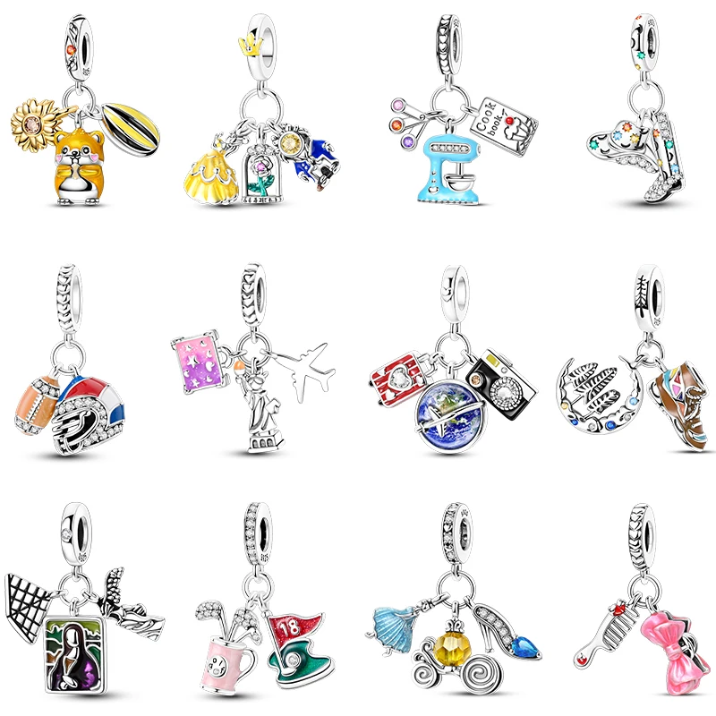 

100% 925 Sterling Silver Luggage Earth Camera Golf Rugby Helmet Charms Pendants Fit Qikaola 925 Original Bracelets DIY Jewelry