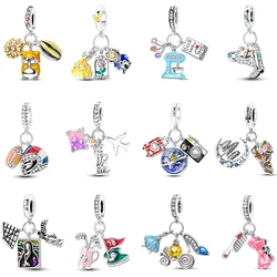 100% 925 Sterling Silver Luggage Earth Camera Golf Rugby Helmet Charms Pendants Fit Qikaola 925 Original Bracelets DIY Jewelry