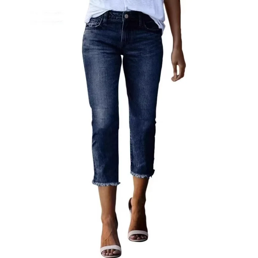 Women Fashion Capri Jeans Stretchy Distressed Hem Washed Straight Leg Denim Pants Small Feet Slim Denim Trouser Outdoor Slacks