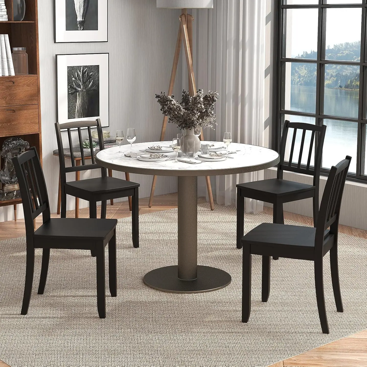 Farmhouse Dining Chairs Set of 4, Modern Kitchen Chairs w/Rubber Wood Legs & Curved Backrest, Ladder Back Diner Chairs