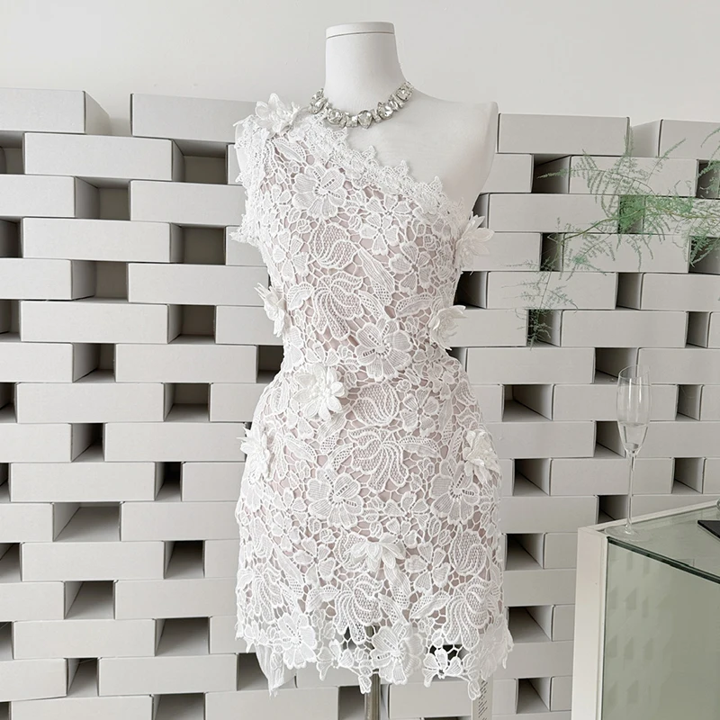 

Sexy Embroidered 3D Flower Lace Dress Women Sleeveless Mini Sundress Female 2026 New Skew Collar Evening Party White Dresses