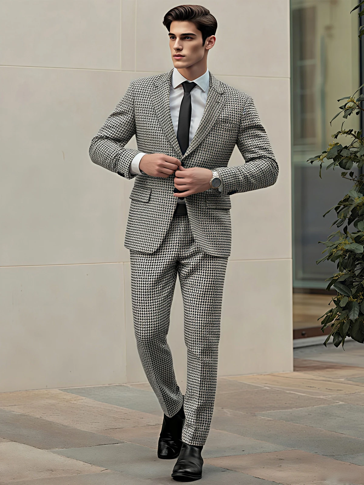 

2-piece Men's Suit Set(Jacket+Pants）Houndstooth Single Breasted Slim Fit Suit Business Casual Banquet Groom's Formal Tailcoat