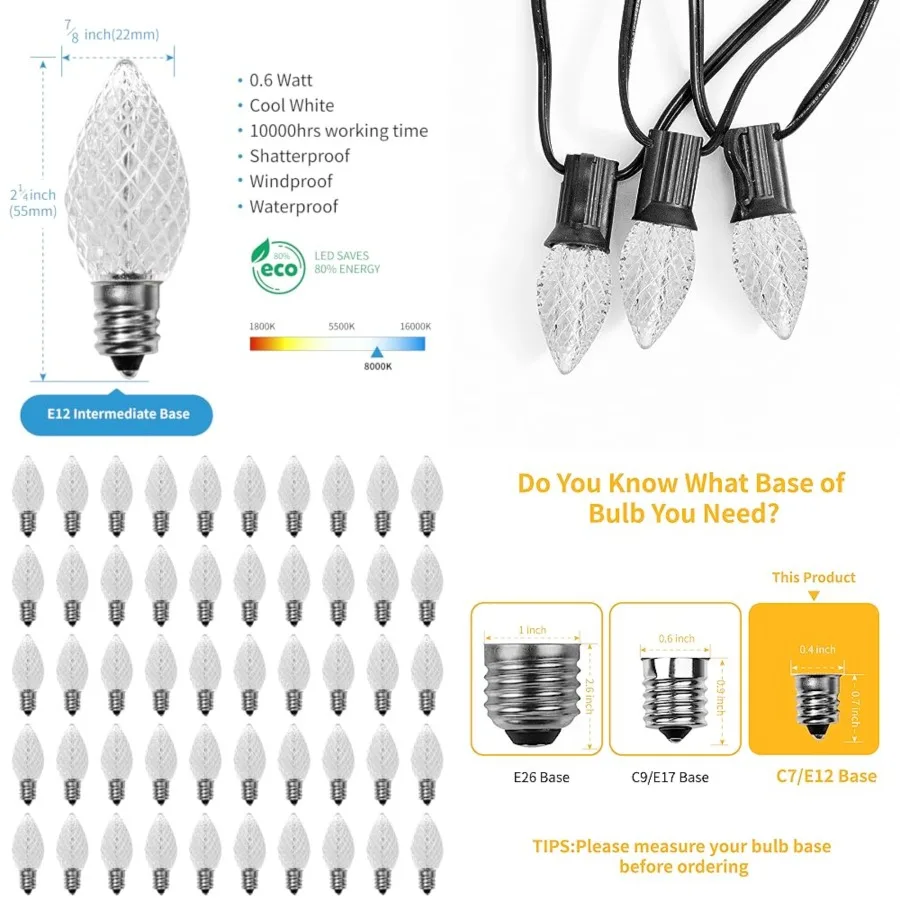 

C7 Led Replacement Christmas Light Bulbs, C7 Shatterproof Led Bulbs for Christmas Indoor Outdoor String Lights, E12 Candelabra