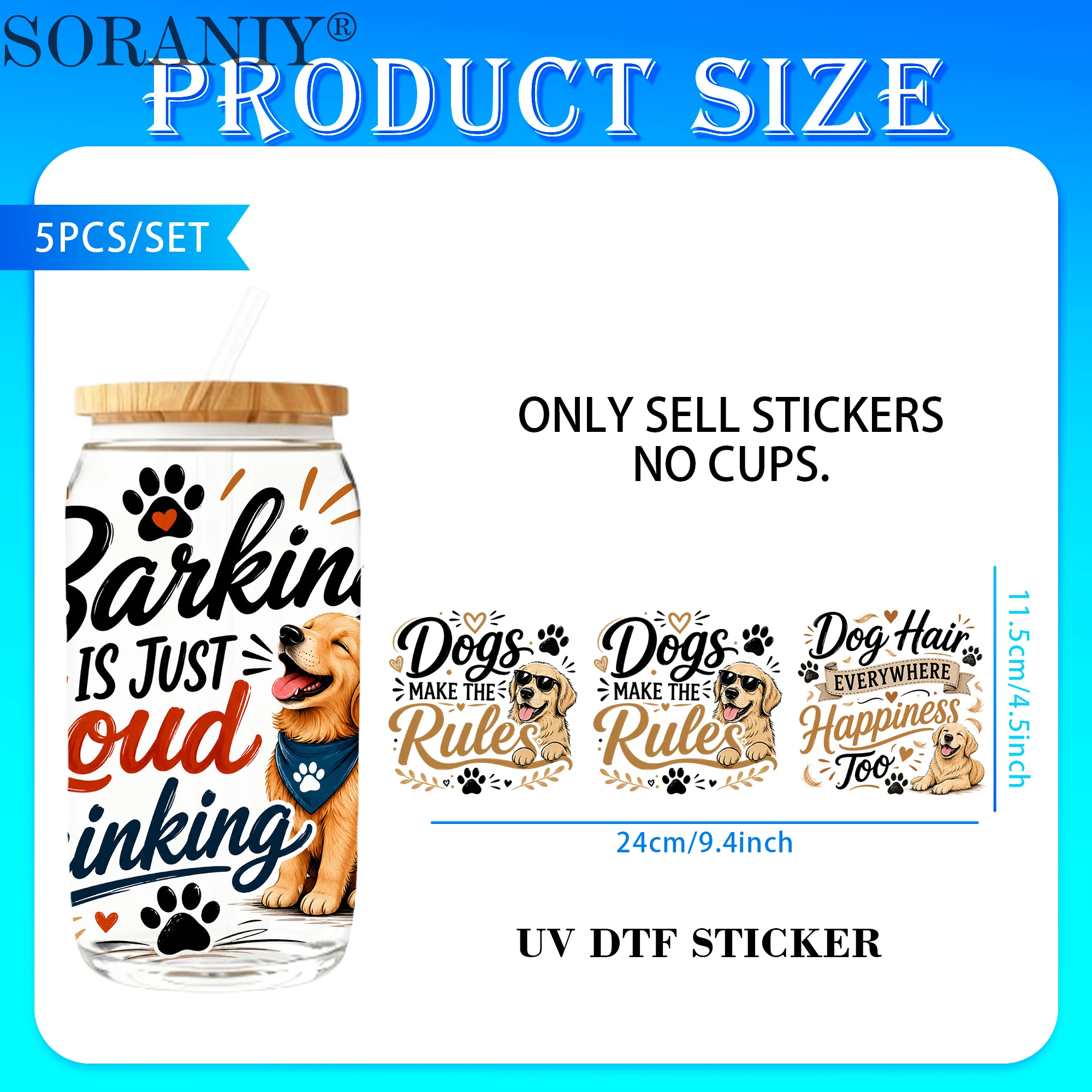 5PCS/Set Funny Dog Quotes Themed UV DTF DIY 16OZ Transfer Stickers Water Bottles Glass Bottles