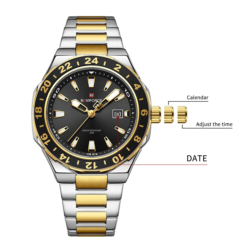 NAVIFORCE NF9249 Reloj luminoso con correa de acero inoxidable minimalista clásico con indicador de fecha de cuarzo informal para hombre