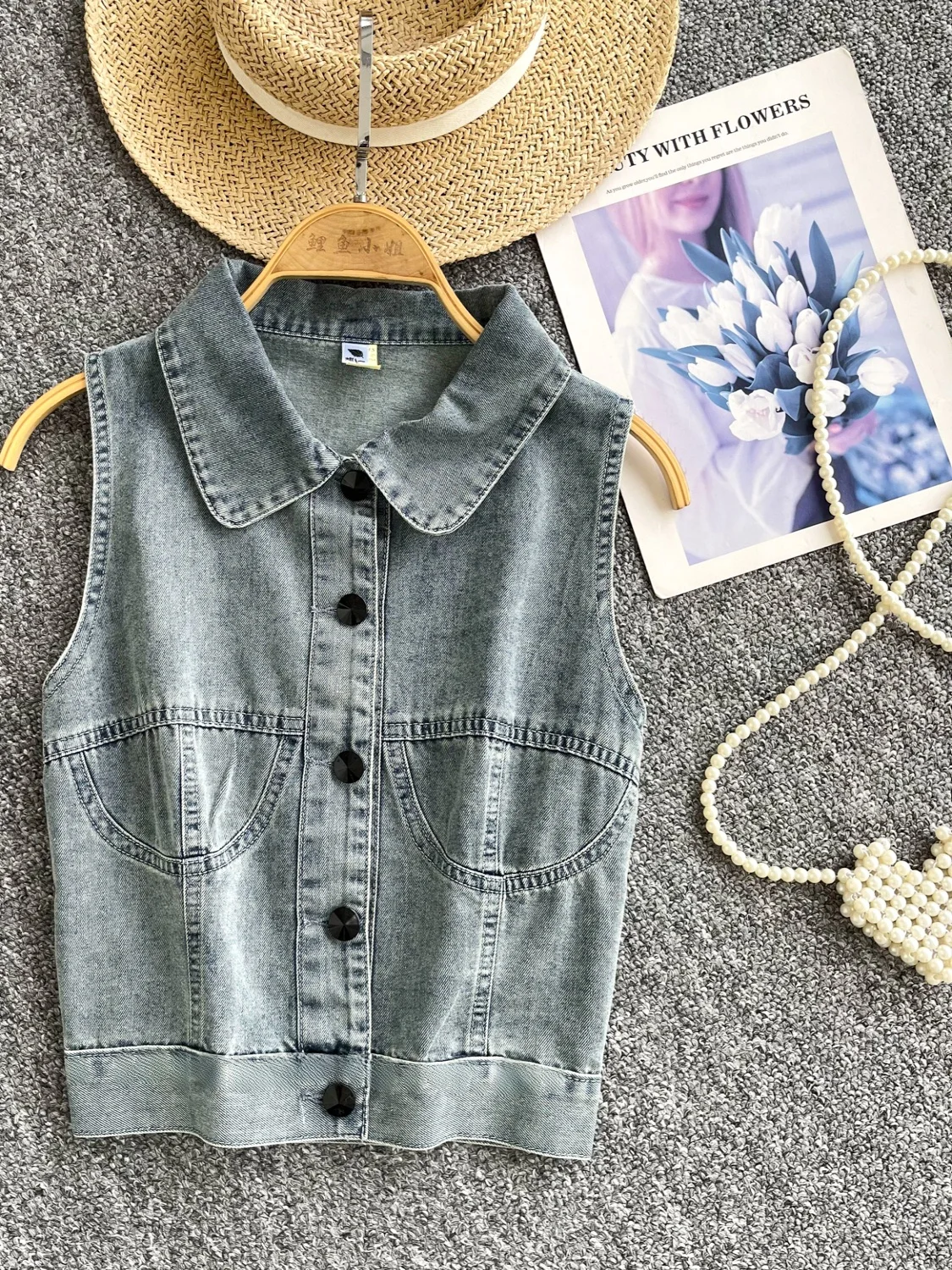 

Korean Sle Casual Denim Vest Women's Summer Faion Anti-Aging Collar Svel Single Button Top Ladies Jaet