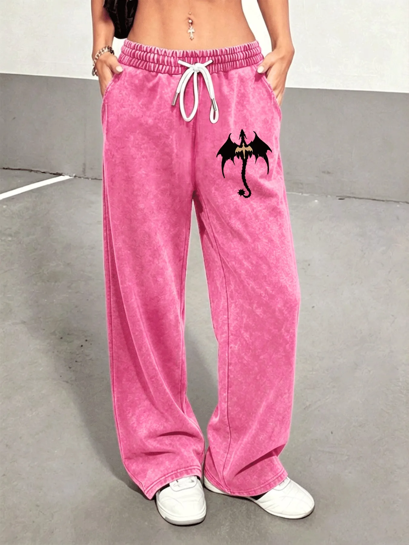 Women's Vintage Washed Distressed Trousers, Fashionable Comfortable Versatile Trousers with Dragon Print