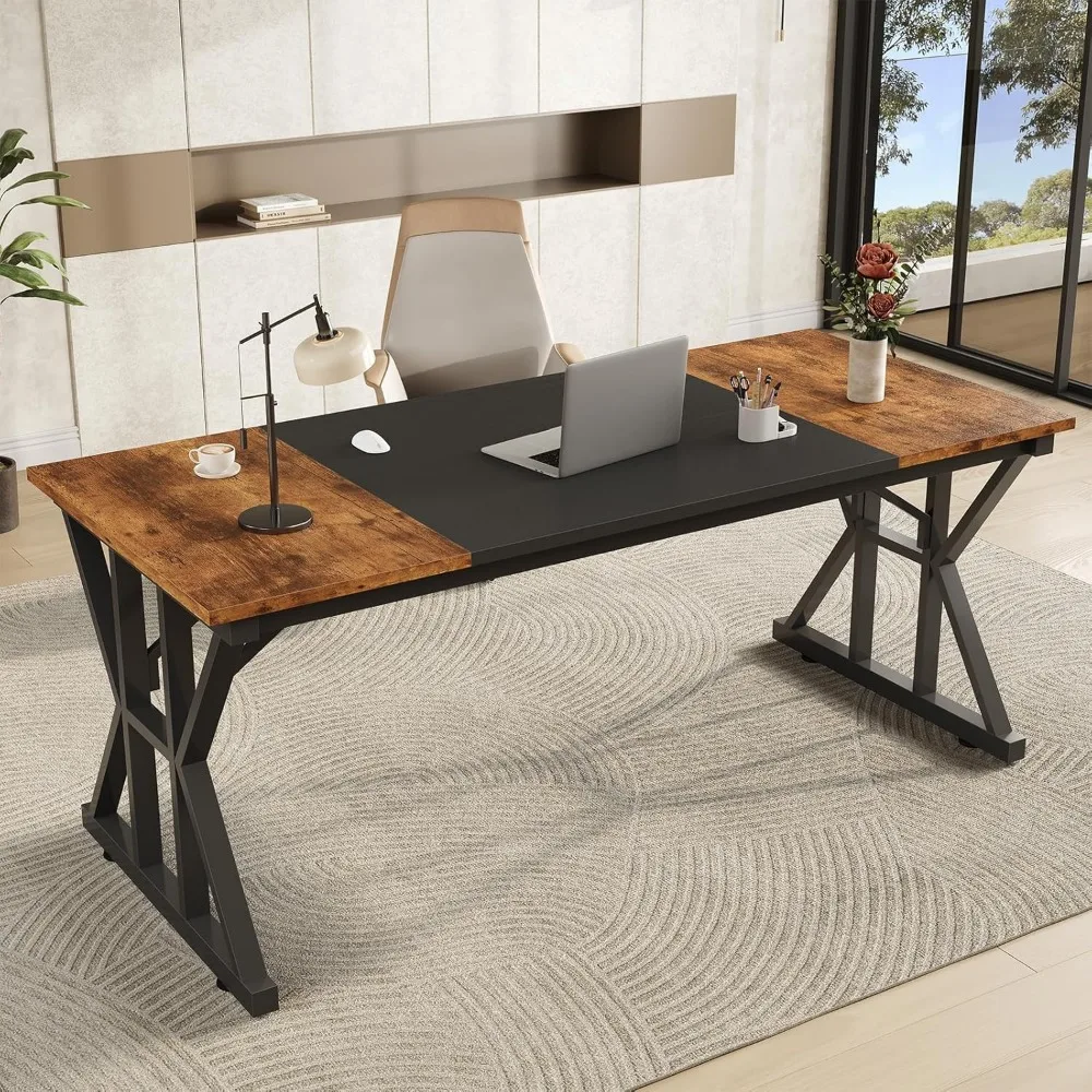

63-Inch Executive Desk, Large Office Desk with Thicken Frame, Computer Desk Modern Simple Desk for Home Office, Rustic Brown