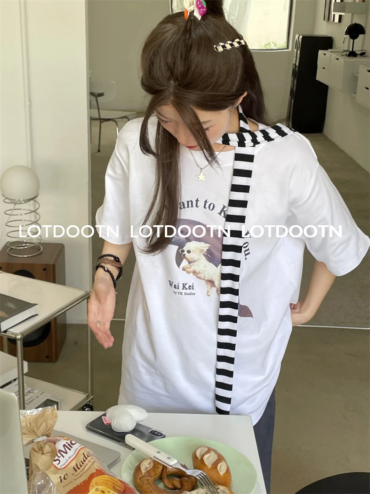 LOTDOOTN Cotton Vintage Y2k Aesthetics Top Japanese Harajuku T-shirt 2000s Kawaii Cat Print Short Sleeve Loose Casual Streetwear