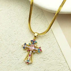 Vintage Shiny Zircon Jesus Cross Religious Amulet Necklace Women Stainless Steel Clavicle Snake Chain Choker Necklaces Jewelry