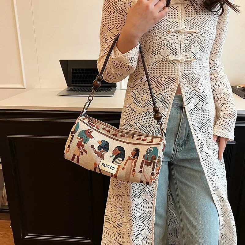 Egyptian Pharaoh Pattern Printed Solid Color Zipper Bucket Canvas Shoulder Bag Fashion Handbag 2024 Hot Sale Bags for Women