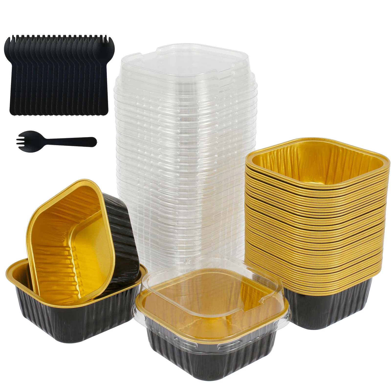 150 copos do queque da folha de alumínio dos pces com tampas e colheres 150ml copos de cozimento da folha antiaderente recipientes quadrados do ramekin para a festa em casa