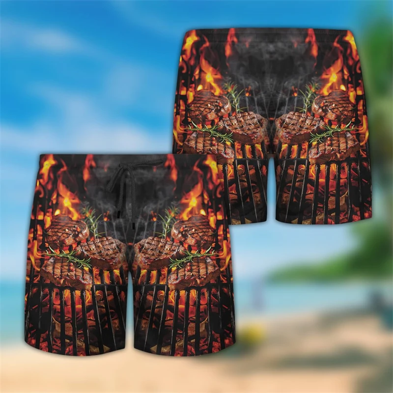 Steak Food Barbecue 3D Print Short Pants For Men Clothes BBQ Grilling Hawaiian Beach Shorts Delicious Grill Trunks Boy  Trousers