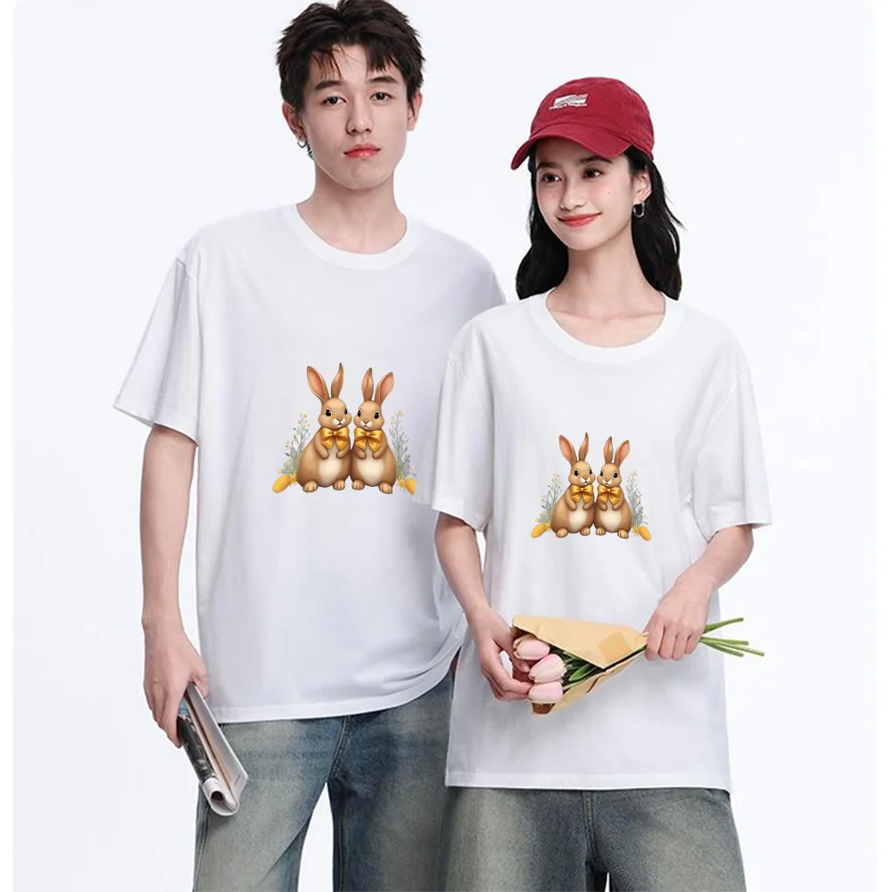 Cute Cartoon Bunnies Printed T Shirt Breathable Fabric S-XXL Personalized Custom Aesthetic Graphic Top Unisex Fit Casual Short S