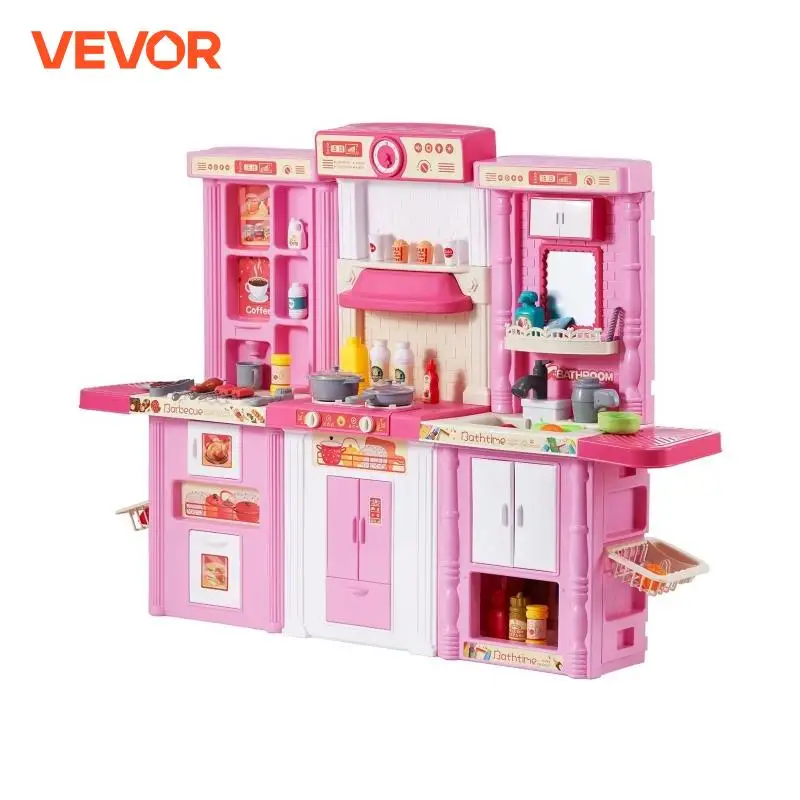 VEVOR Cocina de Juguete para Niños 3 en 1 Cocinita Infantil Juguete de Simulación con Spray Simulado Sonido Luz 74 ​​Piezas de Accesorios de Cocina para Niños, Preescolares, Niños de 3 a 8 Años, Rosa