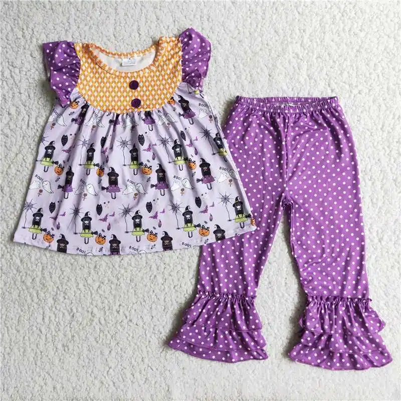 

Wholesale Baby Girl Halloween Clothes Pumpkin Ghost Tunic Purple Dots Ruffle Pants Infant Outfit Children Hallowmas Clothing