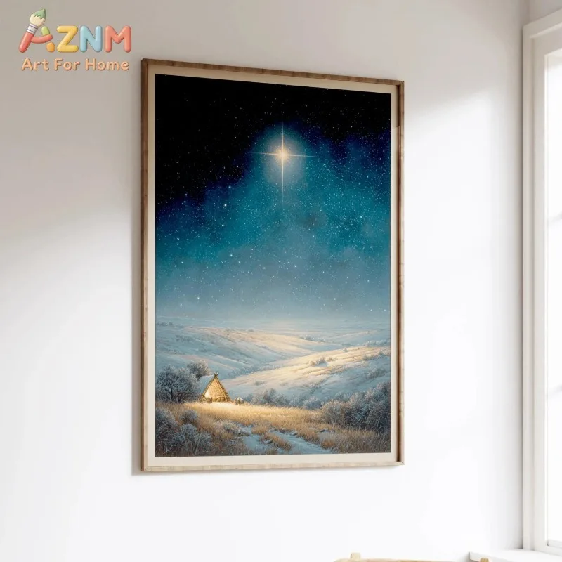 Nativity Christmas Star Canvas Wall Art Holy Night Winter Scene Print Religious Farmhouse Holiday Home Unframed Canvas Poster