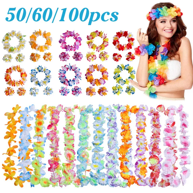 40-100pcs Hawaiian Party Artificial Flowers leis Garland Necklace Headband Garlands Beach Tropical Party Supplies Wedding Decor