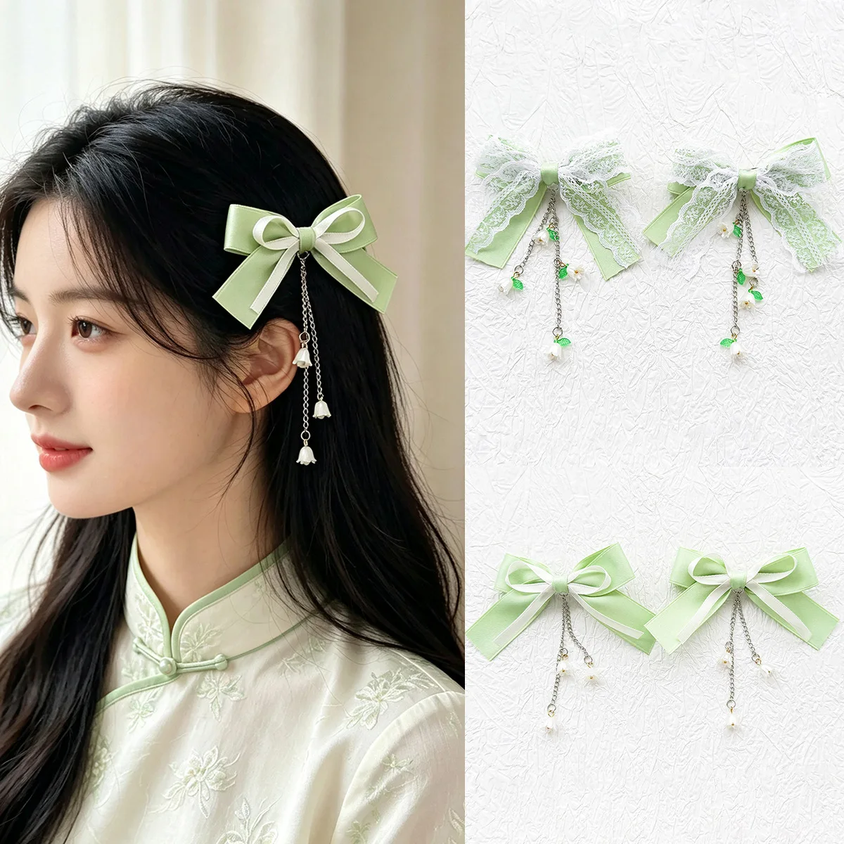 24PC Green Floral Embroidery Bow Hair Clips 5-Inch Long Tassel Hairgrips Frill Edge Lace Hairpins for Women And Girls Headwear