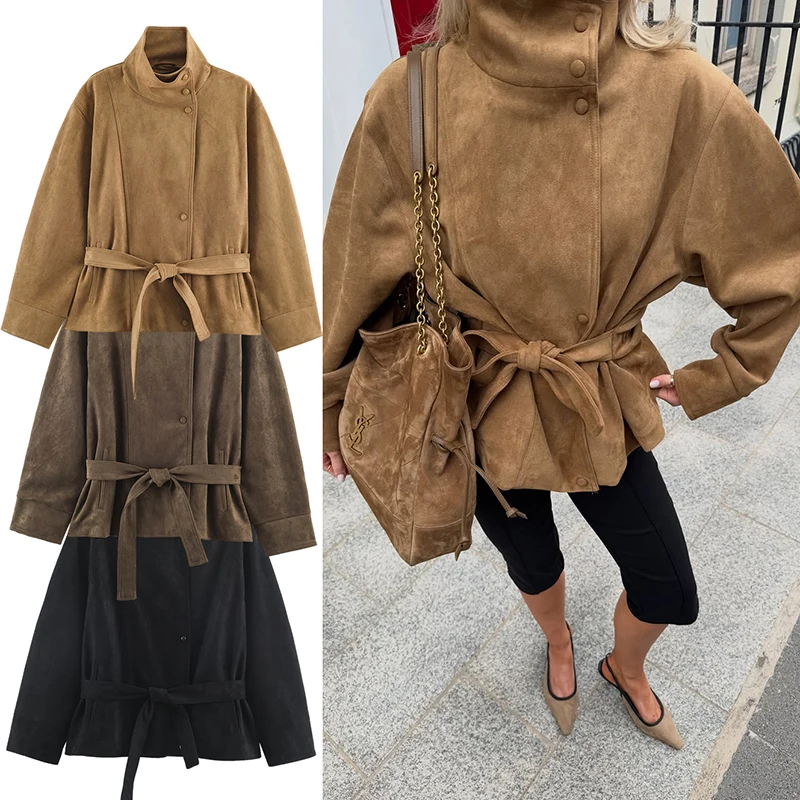 TARUXY Women Retro Faux Suede Belted Jacket Stand Collar Snap Button Long Sleeve Waist-Cinching Street Style Coat Autumn Winter
