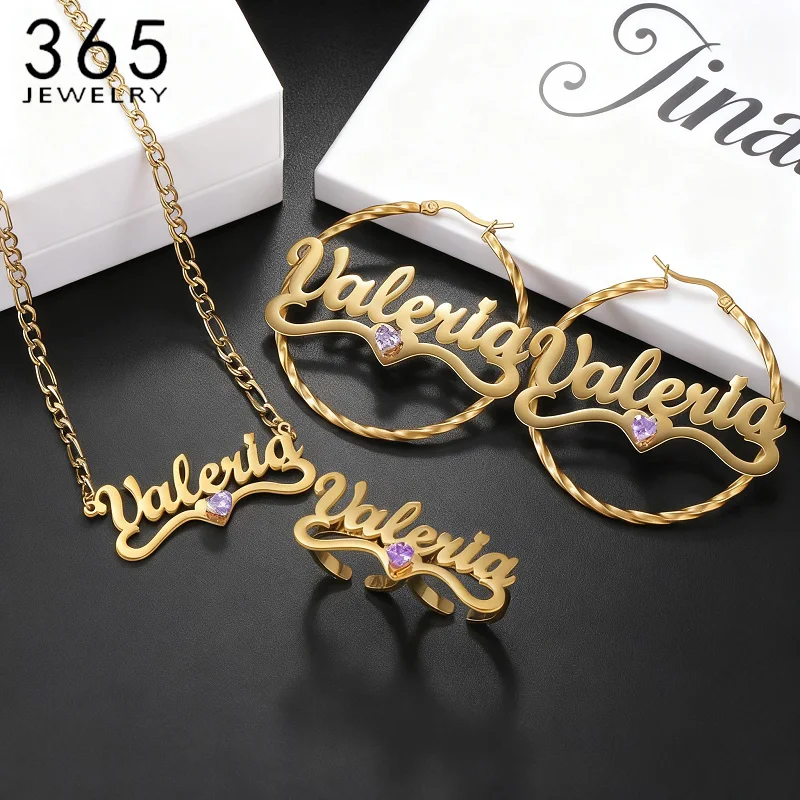

365 Custom Name Stainless Steel Jewelry Set Personalized Necklace Earrings Ring With Heart Stone For Women Girls Christmas Gifts