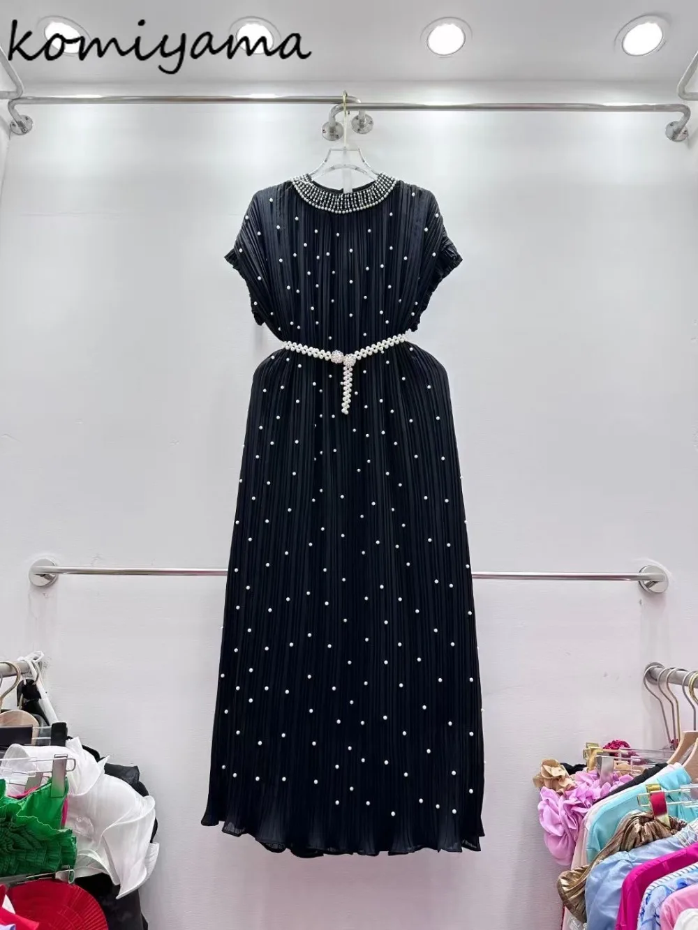

Spliced Beads Vestidos Pleated Woman 2025 Dress Summer New O-neck Dresses Loose Ropa De Mujer Elegant All-match Robes