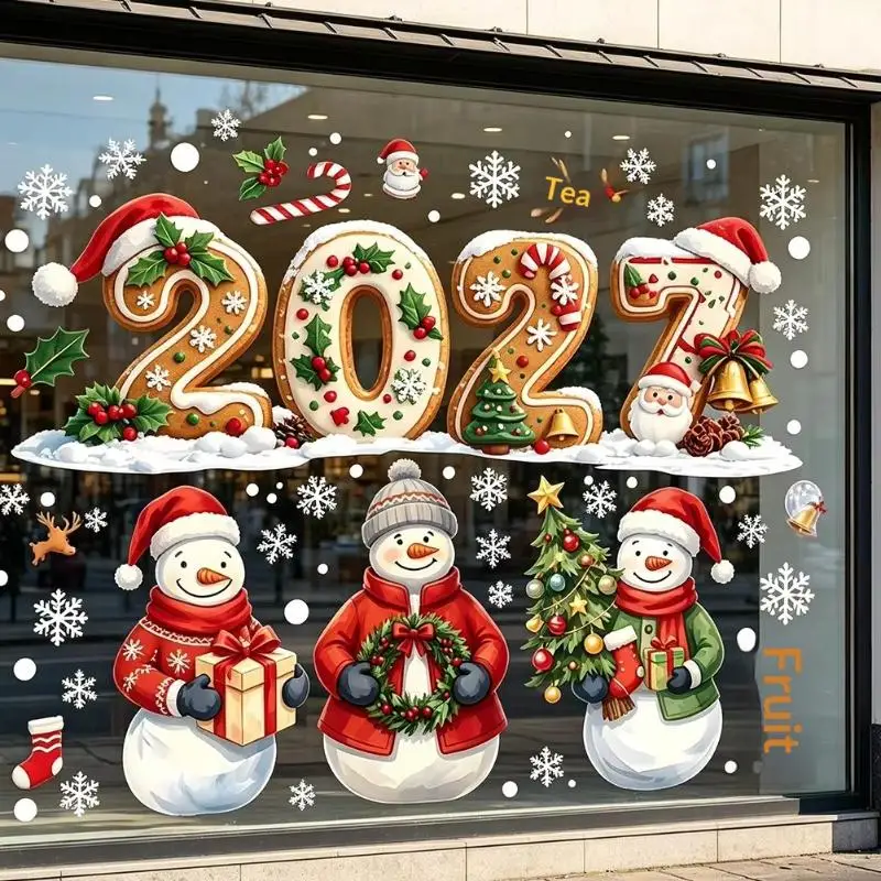 -2027 Christmas Window Clings Santa Sleigh Reindeer Gingerbread Snowman Snowflake Stickers Mall Shop Window Glass Holiday Decor