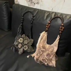 Chinese Style Rose Decor Shoulder Bags Fashion Commuter Tote Bags Classic Pleated Handbags High Quality Women Underarm Bags