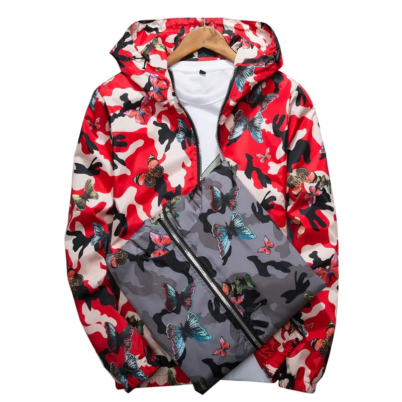 Spring Autumn Men's Bomber Jackets Men Streetwear Hip Hop Flower Butterfly Hooded Coats Men Sports Zipper Aviator Jackets