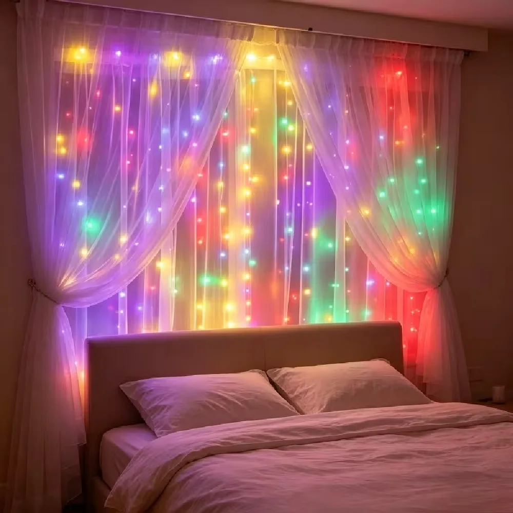 1PC Fairy Curtain Lights 300/200/100 LED Multicolor Curtain Lights USB Power Christmas String Lights for Bedroom Living Room