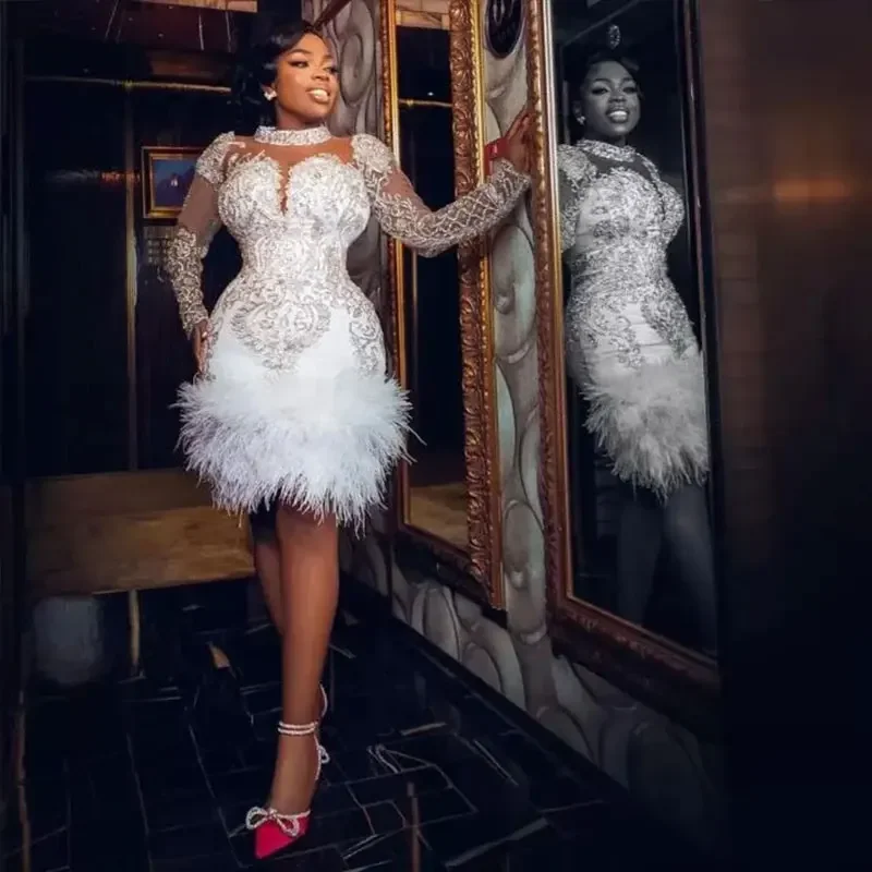 Luxury Short Prom Dresses Beads Crystals Feathers See Through Long Sleeves Evening Gowns Celebrity Pageant Aso Ebi Party Robe