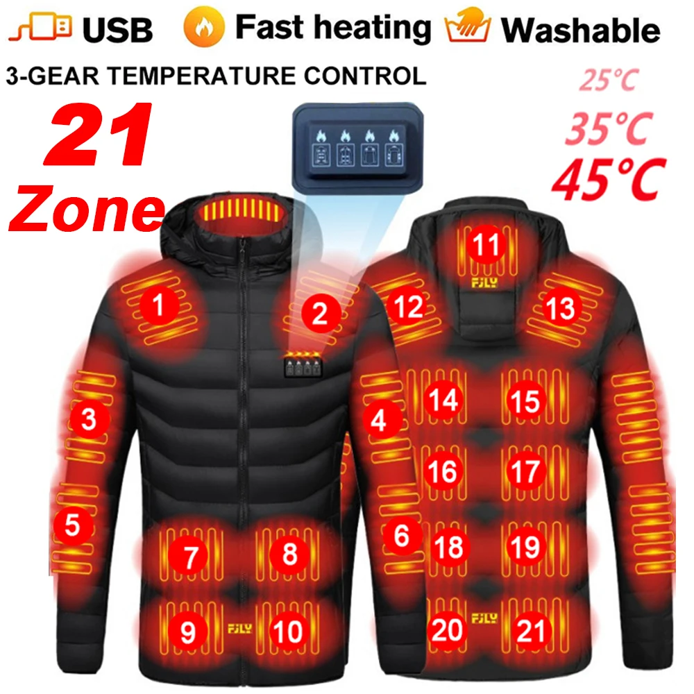 Chaqueta con calefacción eléctrica USB para hombre y mujer, abrigo térmico cálido para exteriores, Parka, Chaqueta de algodón, 21 áreas, invierno,