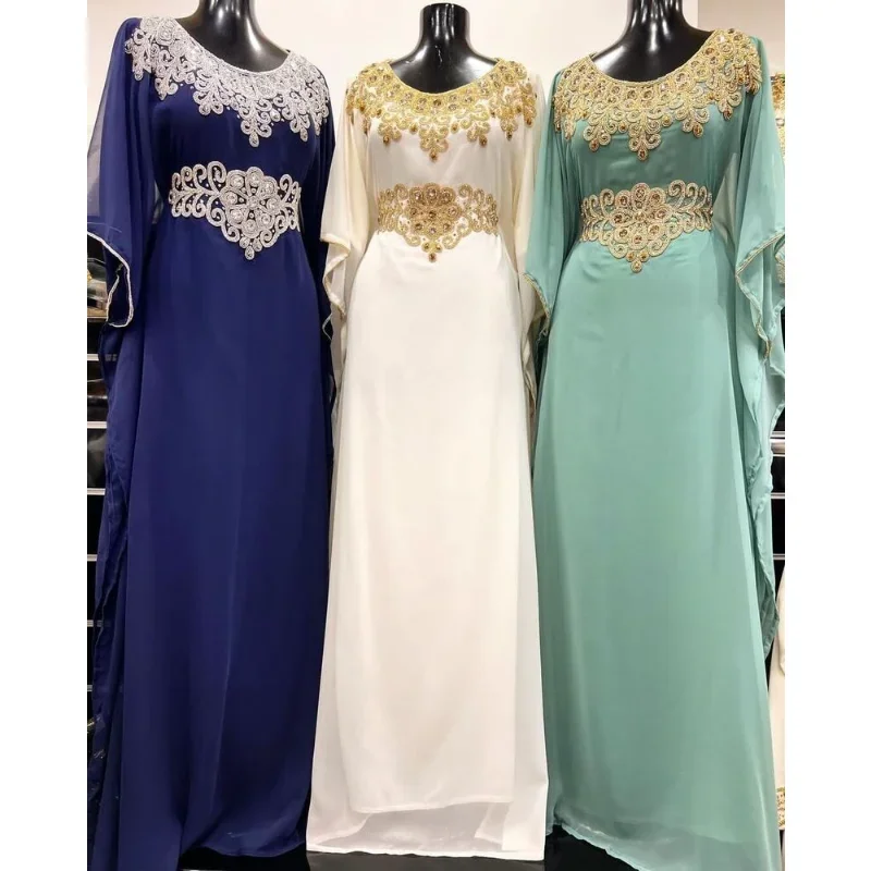 

Dubai Moroccan Caftan Kurtas Elegant Waist Tightening Applique Arabic Party Wear Dresses